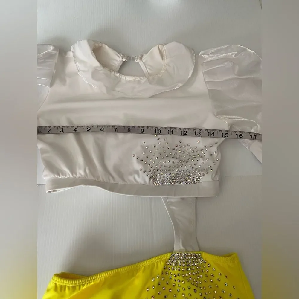 Glamorous solo dance costume white yellow 2 piece embellished puff sleeve LA